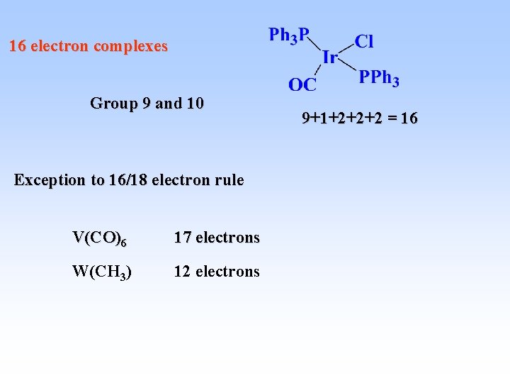 16 electron complexes Group 9 and 10 Exception to 16/18 electron rule V(CO)6 17