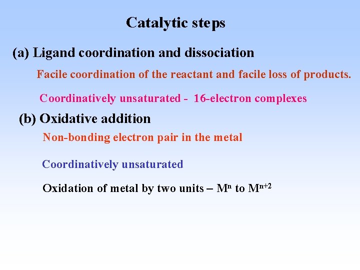 Catalytic steps (a) Ligand coordination and dissociation Facile coordination of the reactant and facile