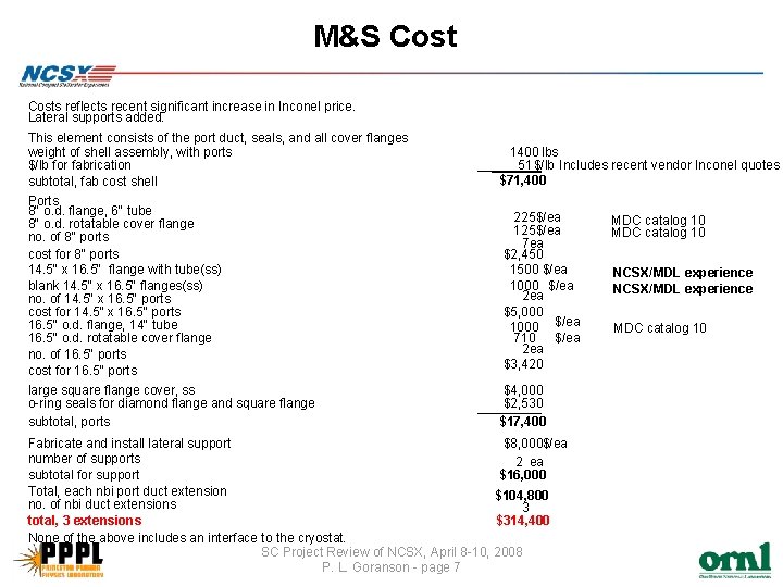 M&S Costs reflects recent significant increase in Inconel price. Lateral supports added. This element