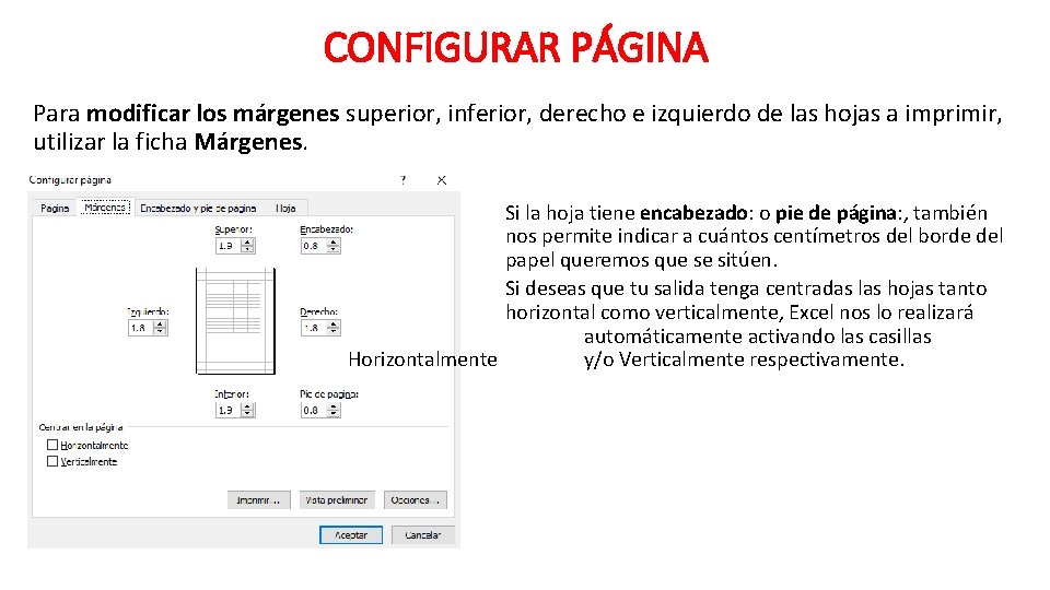 CONFIGURAR PÁGINA Para modificar los márgenes superior, inferior, derecho e izquierdo de las hojas