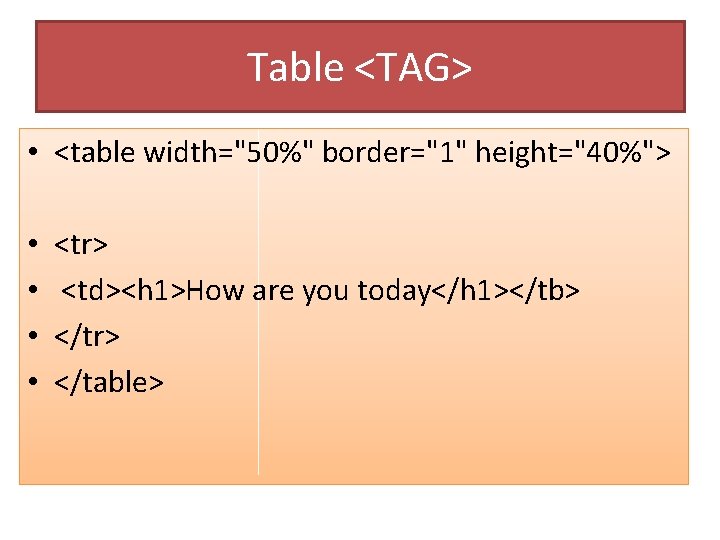 Table <TAG> • <table width="50%" border="1" height="40%"> • • <tr> <td><h 1>How are you