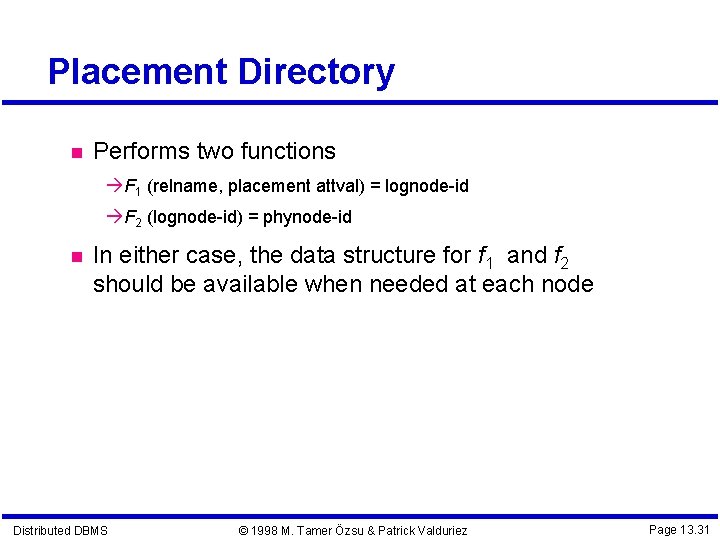 Placement Directory Performs two functions F 1 (relname, placement attval) = lognode-id F 2