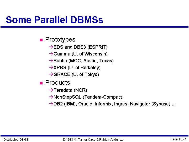 Some Parallel DBMSs Prototypes EDS and DBS 3 (ESPRIT) Gamma (U. of Wisconsin) Bubba