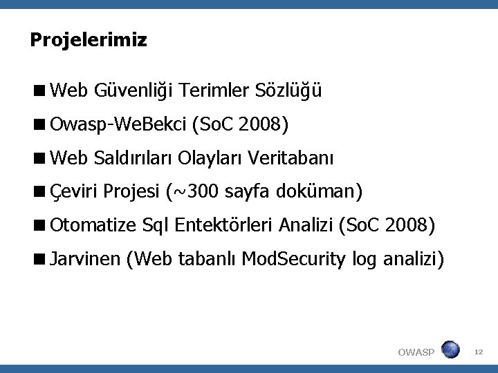 Projelerimiz Web Güvenliği Terimler Sözlüğü Owasp-We. Bekci (So. C 2008) Web Saldırıları Olayları Veritabanı