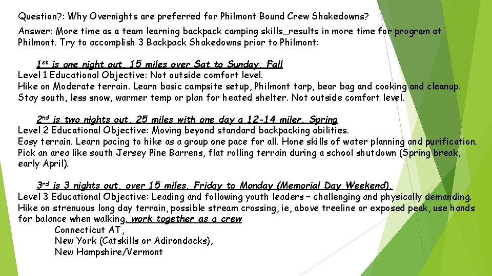 Shakedowns Locations for Philmont Crews Presented By Karen