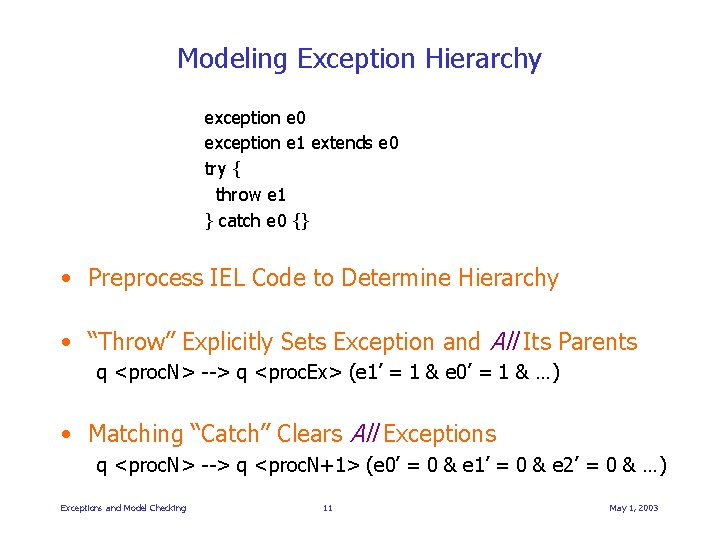 Modeling Exception Hierarchy exception e 0 exception e 1 extends e 0 try {