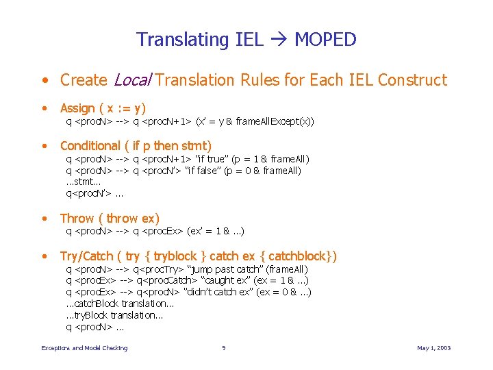 Translating IEL MOPED • Create Local Translation Rules for Each IEL Construct • Assign