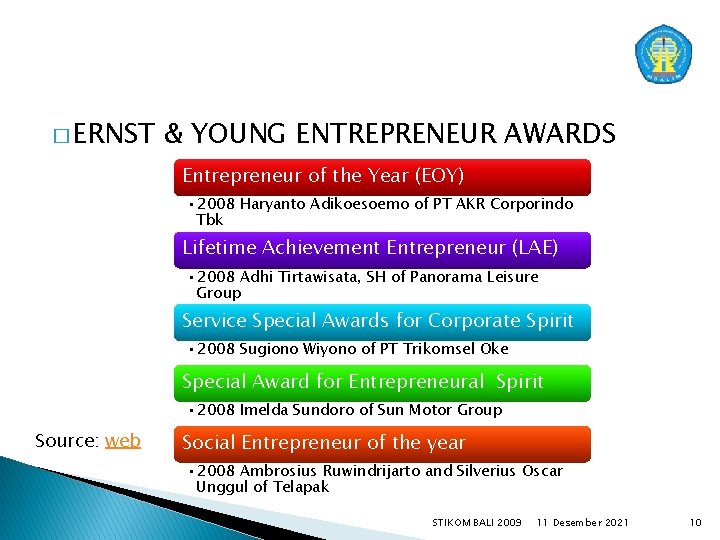 � ERNST & YOUNG ENTREPRENEUR AWARDS Entrepreneur of the Year (EOY) • 2008 Haryanto