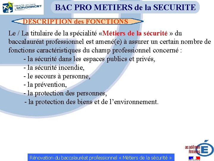 BAC PRO METIERS de la SECURITE DESCRIPTION des FONCTIONS Le / La titulaire de