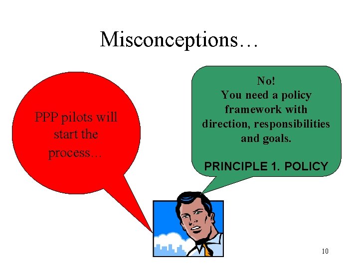 Misconceptions… PPP pilots will start the process… No! You need a policy framework with