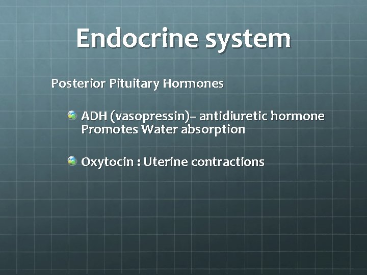 Endocrine system Posterior Pituitary Hormones ADH (vasopressin)– antidiuretic hormone Promotes Water absorption Oxytocin :
