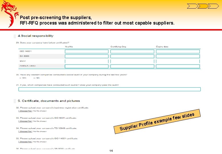 Post pre-screening the suppliers, RFI-RFQ process was administered to filter out most capable suppliers.