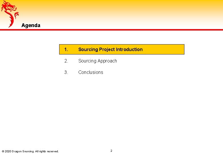 Agenda © 2020 Dragon Sourcing. All rights reserved. 1. Sourcing Project Introduction 2. Sourcing
