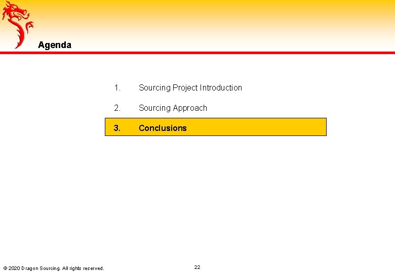 Agenda © 2020 Dragon Sourcing. All rights reserved. 1. Sourcing Project Introduction 2. Sourcing