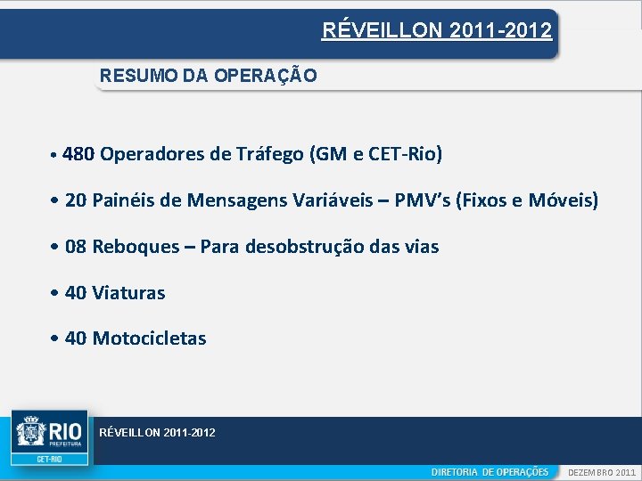 RÉVEILLON 2011 -2012 RESUMO DA OPERAÇÃO • 480 Operadores de Tráfego (GM e CET-Rio)