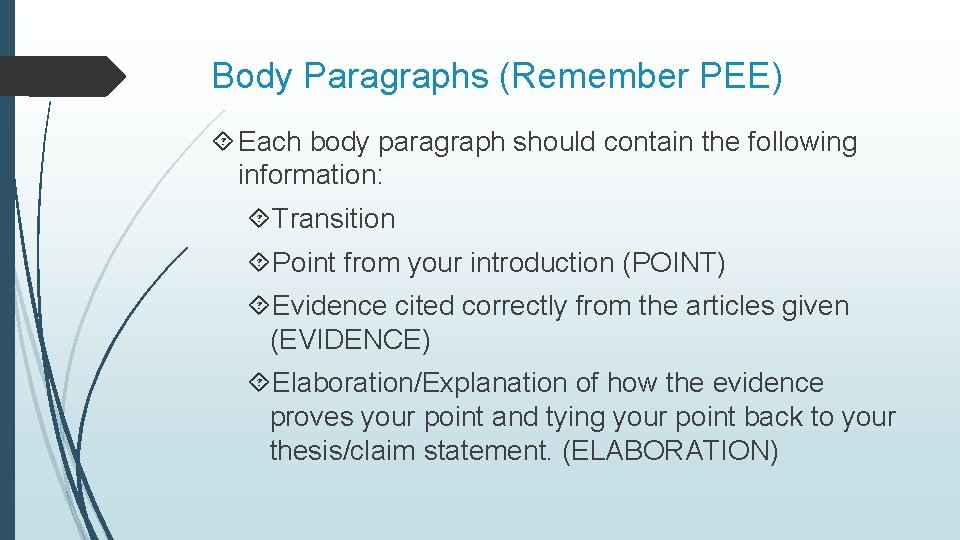 Body Paragraphs (Remember PEE) Each body paragraph should contain the following information: Transition Point