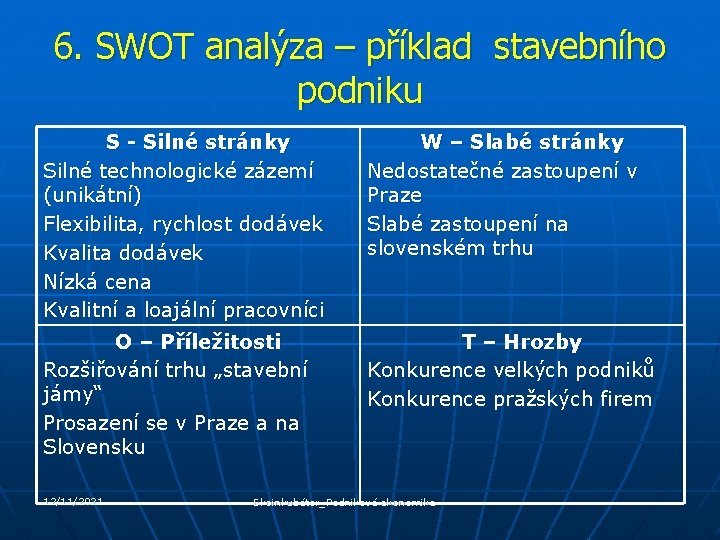 6. SWOT analýza – příklad stavebního podniku S - Silné stránky Silné technologické zázemí