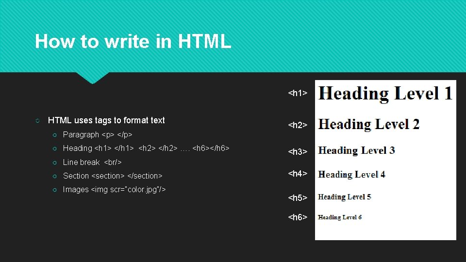 How to write in HTML <h 1> ○ HTML uses tags to format text