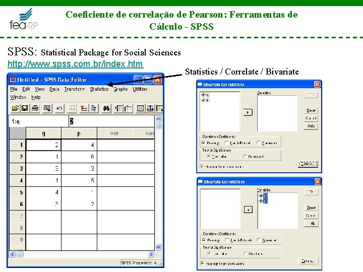Coeficiente de correlação de Pearson: Ferramentas de Cálculo - SPSS: Statistical Package for Social