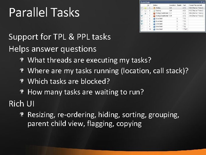 Parallel Tasks Support for TPL & PPL tasks Helps answer questions What threads are