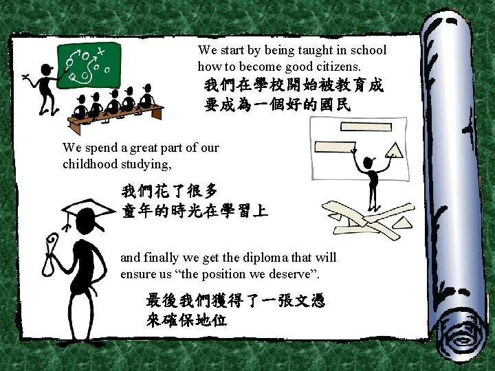 We start by being taught in school how to become good citizens. 我們在學校開始被教育成 要成為一個好的國民