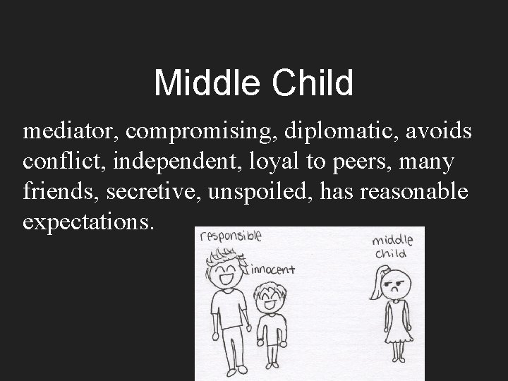 Middle Child mediator, compromising, diplomatic, avoids conflict, independent, loyal to peers, many friends, secretive,