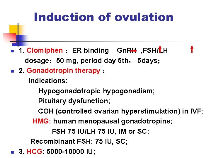 Induction of ovulation n 1. Clomiphen ：ER binding Gn. RH , FSH/LH dosage： 50