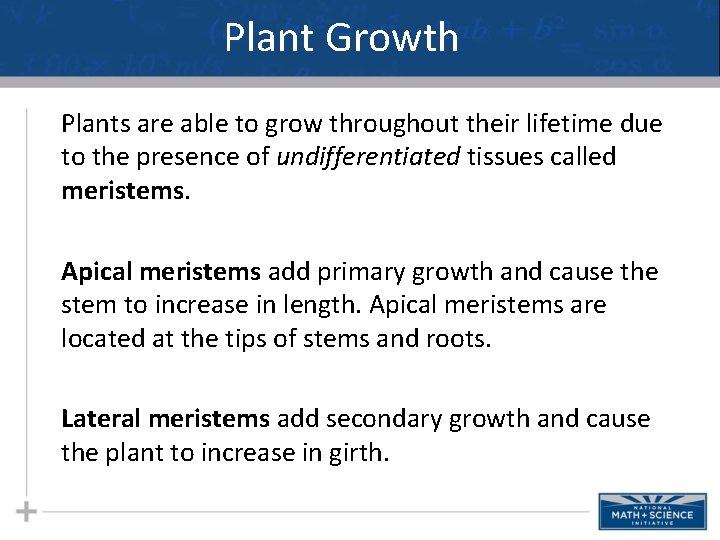 Plant Growth Plants are able to grow throughout their lifetime due to the presence