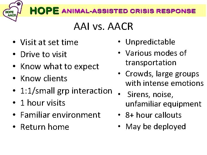 AAI vs. AACR • • Visit at set time Drive to visit Know what