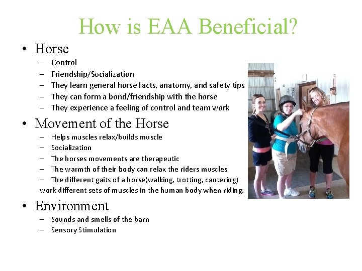 How is EAA Beneficial? • Horse – – – Control Friendship/Socialization They learn general