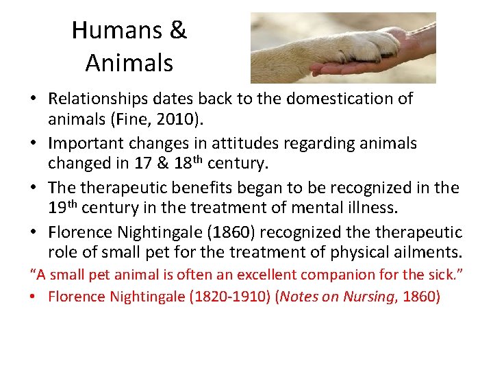 Humans & Animals • Relationships dates back to the domestication of animals (Fine, 2010).