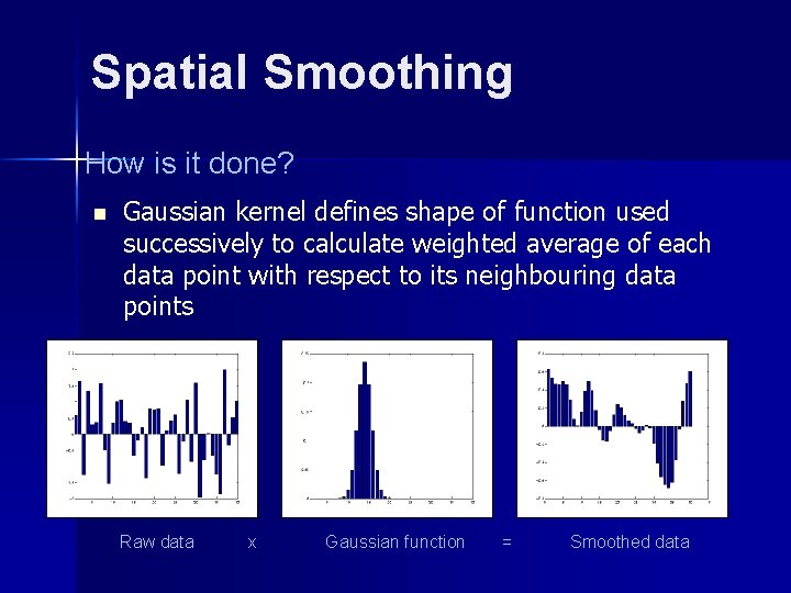 Spatial Smoothing How is it done? n Gaussian kernel defines shape of function used