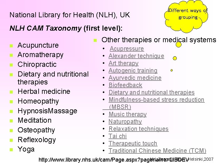 National Library for Health (NLH), UK Different ways of grouping NLH CAM Taxonomy (first