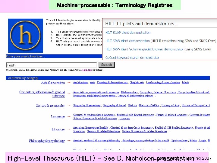 Machine-processable : Terminology Registries M. L. Zeng @ ISSAI, Helsinki, 2007 High-Level Thesaurus (HILT)