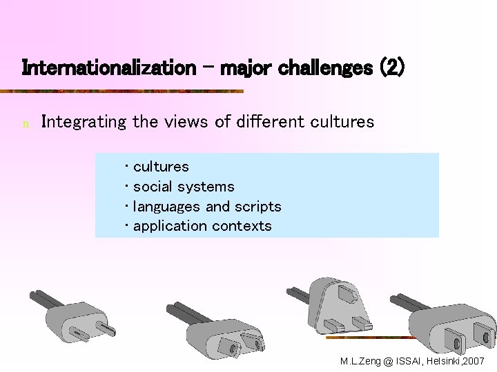Internationalization – major challenges (2) n Integrating the views of different cultures • social