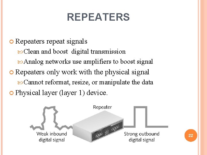 REPEATERS Repeaters repeat signals Clean and boost digital transmission Analog networks use amplifiers to