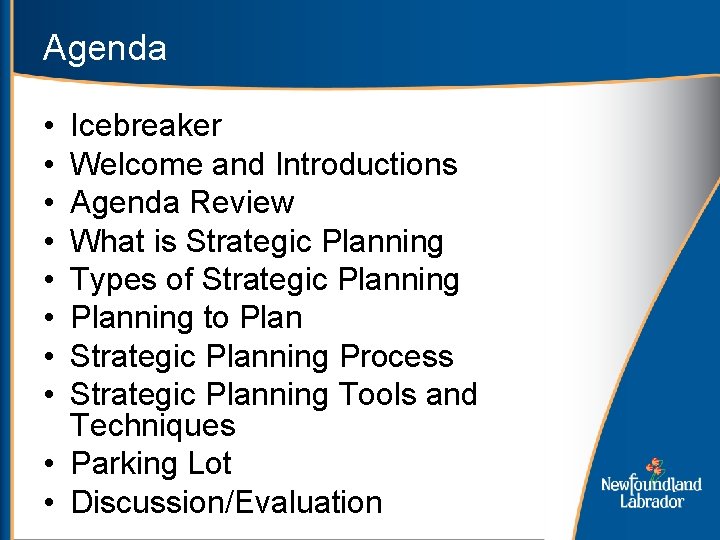 Agenda • • Icebreaker Welcome and Introductions Agenda Review What is Strategic Planning Types
