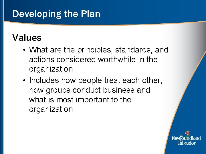 Developing the Plan Values • What are the principles, standards, and actions considered worthwhile