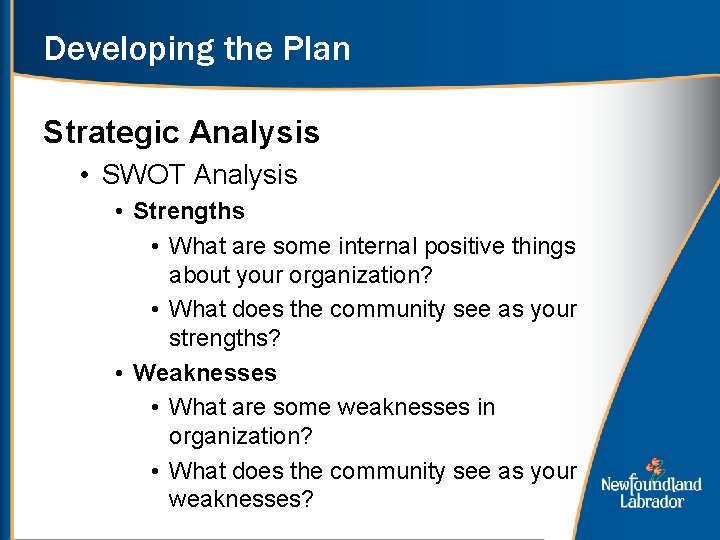 Developing the Plan Strategic Analysis • SWOT Analysis • Strengths • What are some