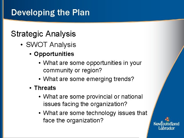 Developing the Plan Strategic Analysis • SWOT Analysis • Opportunities • What are some