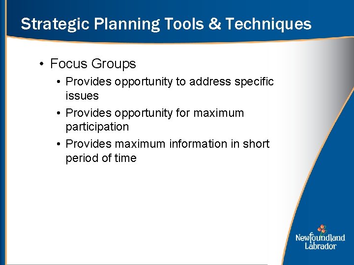Strategic Planning Tools & Techniques • Focus Groups • Provides opportunity to address specific