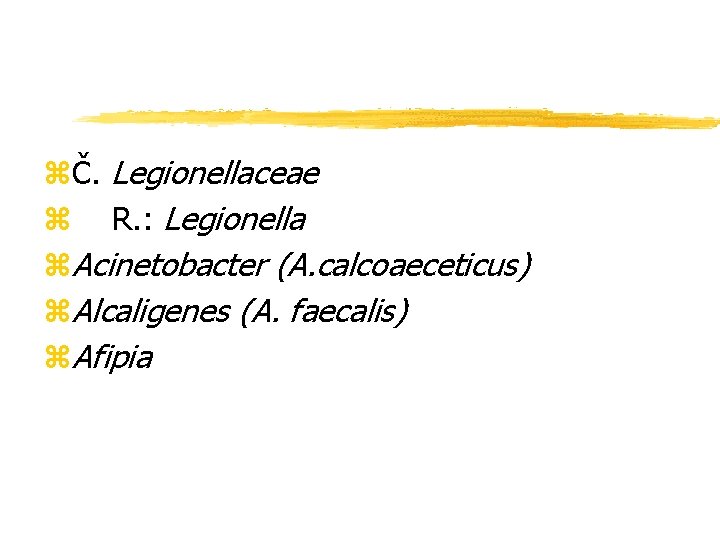 zČ. Legionellaceae z R. : Legionella z. Acinetobacter (A. calcoaeceticus) z. Alcaligenes (A. faecalis)