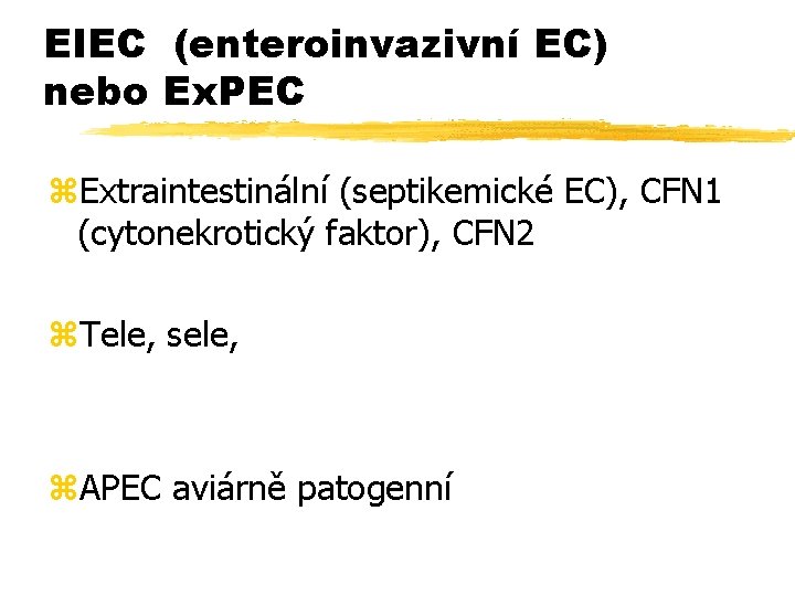 EIEC (enteroinvazivní EC) nebo Ex. PEC z. Extraintestinální (septikemické EC), CFN 1 (cytonekrotický faktor),