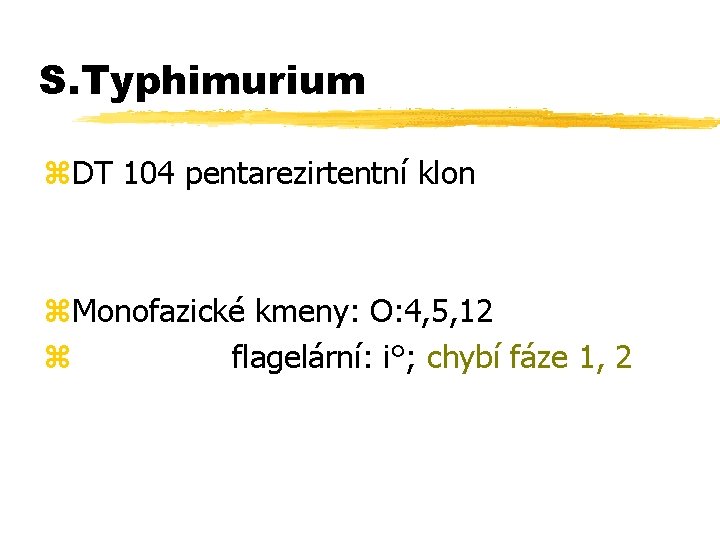 S. Typhimurium z. DT 104 pentarezirtentní klon z. Monofazické kmeny: O: 4, 5, 12