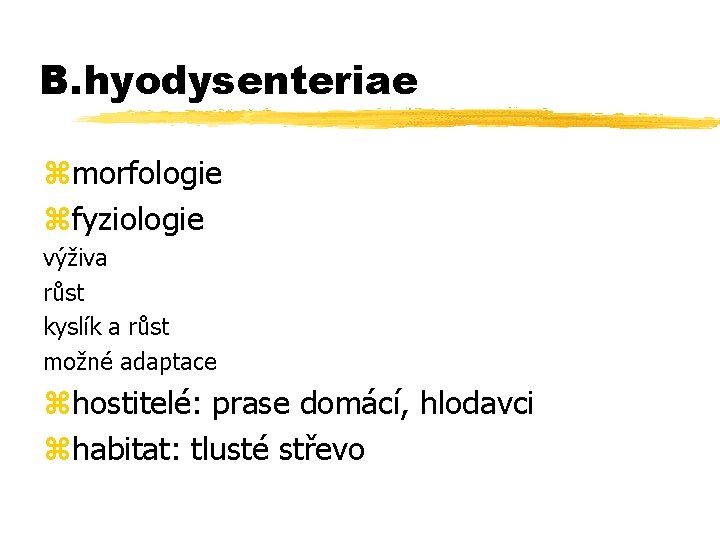 B. hyodysenteriae zmorfologie zfyziologie výživa růst kyslík a růst možné adaptace zhostitelé: prase domácí,