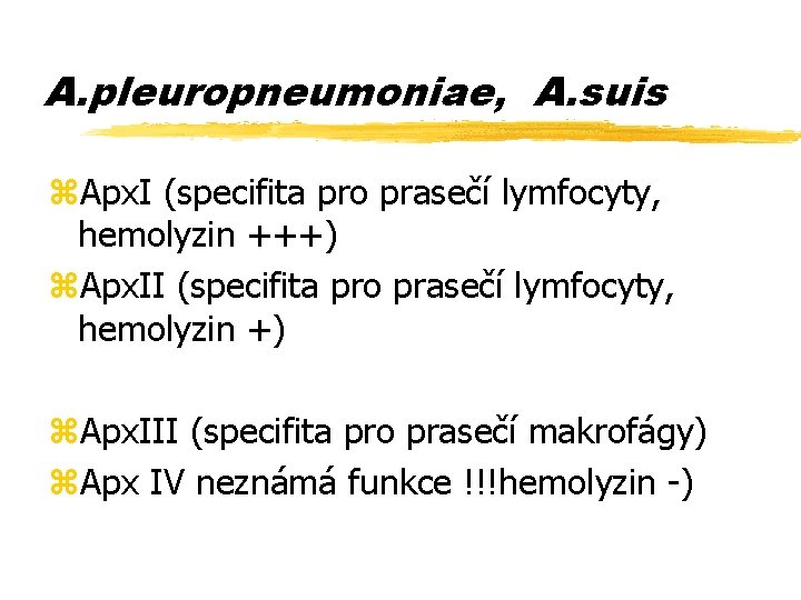 A. pleuropneumoniae, A. suis z. Apx. I (specifita pro prasečí lymfocyty, hemolyzin +++) z.