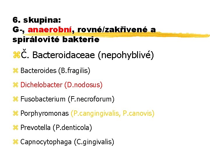 6. skupina: G-, anaerobní, rovné/zakřivené a spirálovité bakterie zČ. Bacteroidaceae (nepohyblivé) z Bacteroides (B.