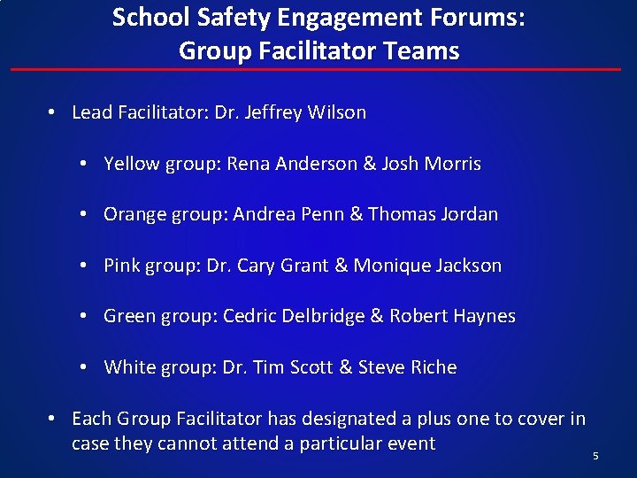 School Safety Engagement Forums: Group Facilitator Teams • Lead Facilitator: Dr. Jeffrey Wilson •