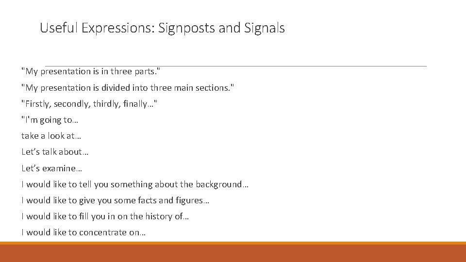 Useful Expressions: Signposts and Signals "My presentation is in three parts. " "My presentation