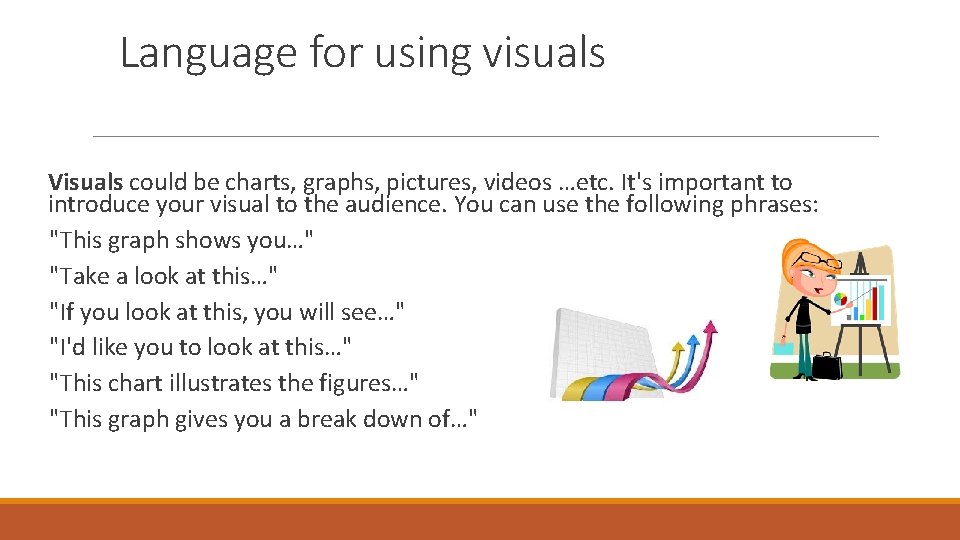 Language for using visuals Visuals could be charts, graphs, pictures, videos …etc. It's important